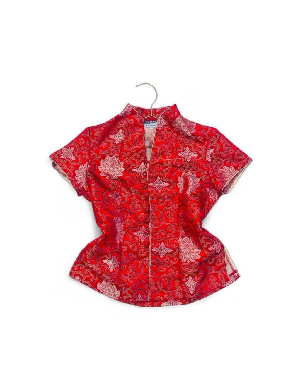 Vintage Red Silk Brocade Mandarin Collar Frog Button Top Y2K Size S/M
